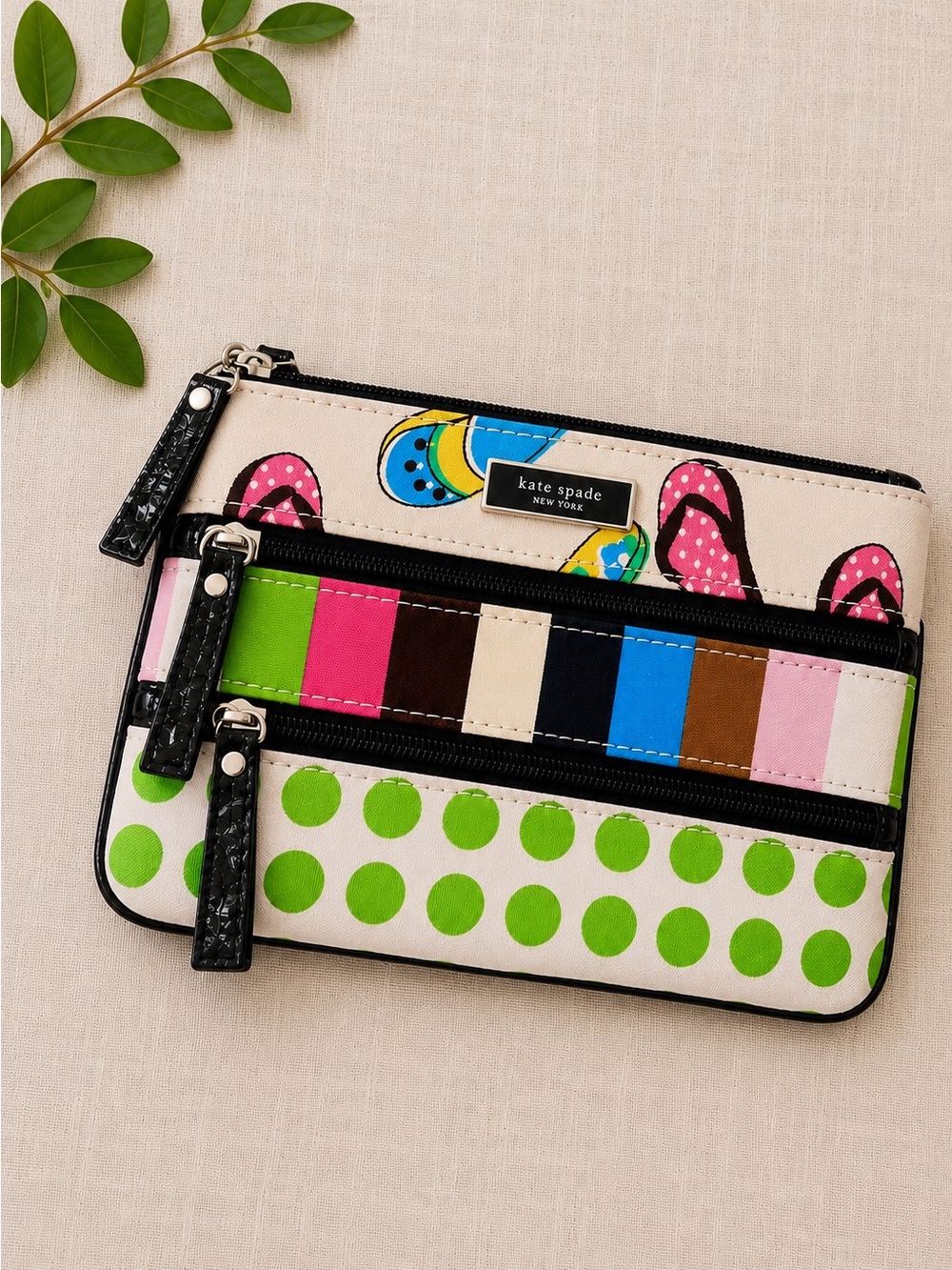 Kate Spade Flip Flop Print Wristlet Cosmetic Pouch Multi Zip Organizer